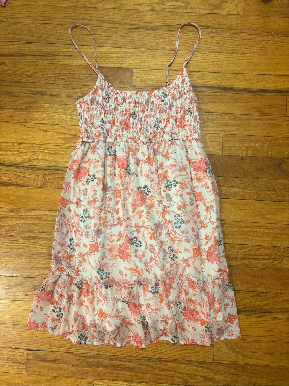 Trixxi Coral Floral Smocked Sundress with Ruffle Hem